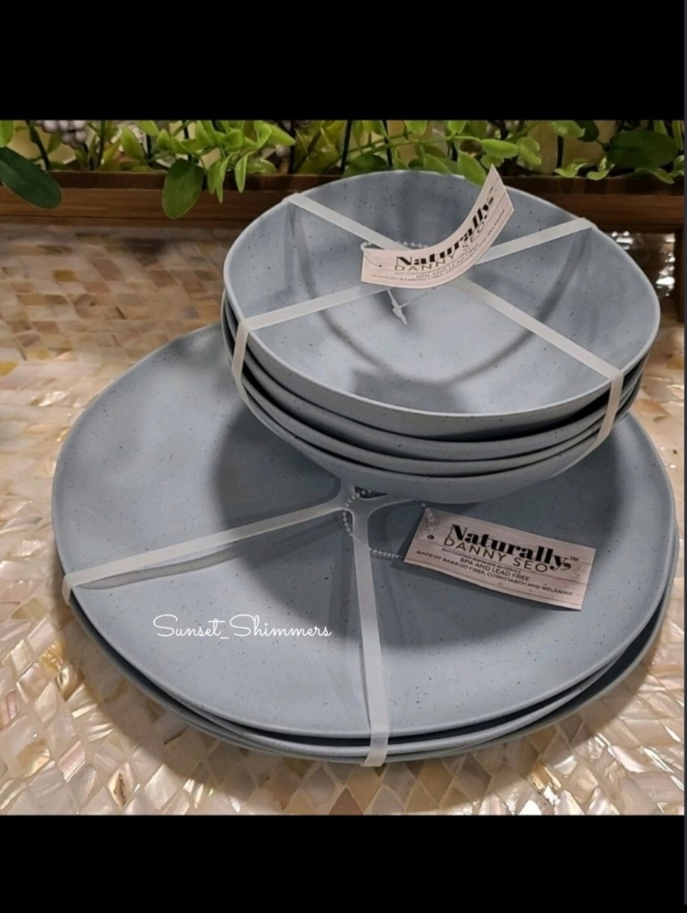 8pc Set Naturally Danny Seo Speckled Blue Melamine Dinner Plates & Bowls New